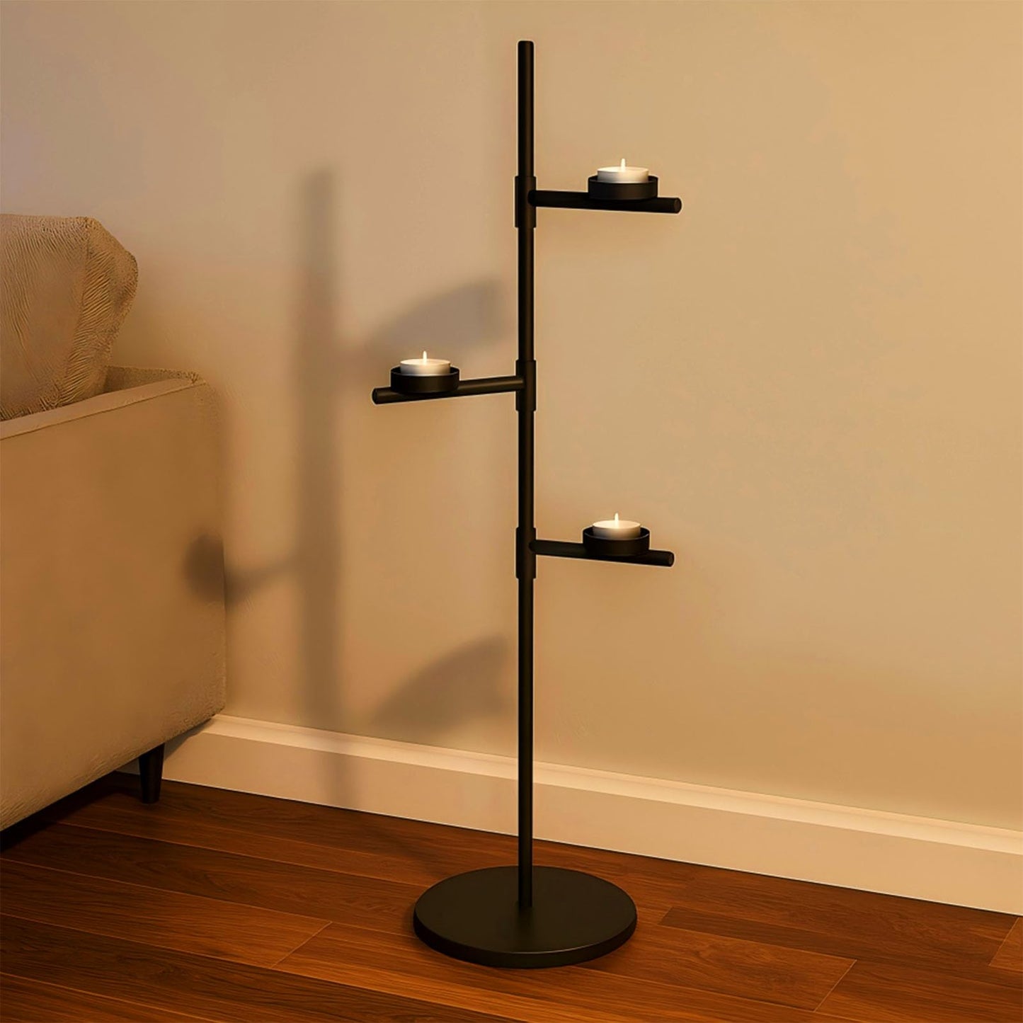 Smtyle Floor Candelabra Tall Tea Light Candle Holder Modern Black Metal Stand for Home Decor, Meditation, and Events