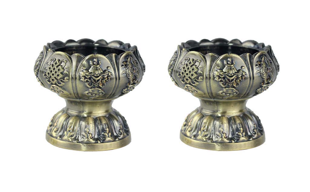 Lotus Flower Votive Tealight Holder, Buddhist Tealight Candle Holder - Tibetan Buddhist Water Offering Cup, Tibetan Oil Lamp Holder Buddhist Supplies for Meditation Buddha Altar, Set of 2 (Bronze)