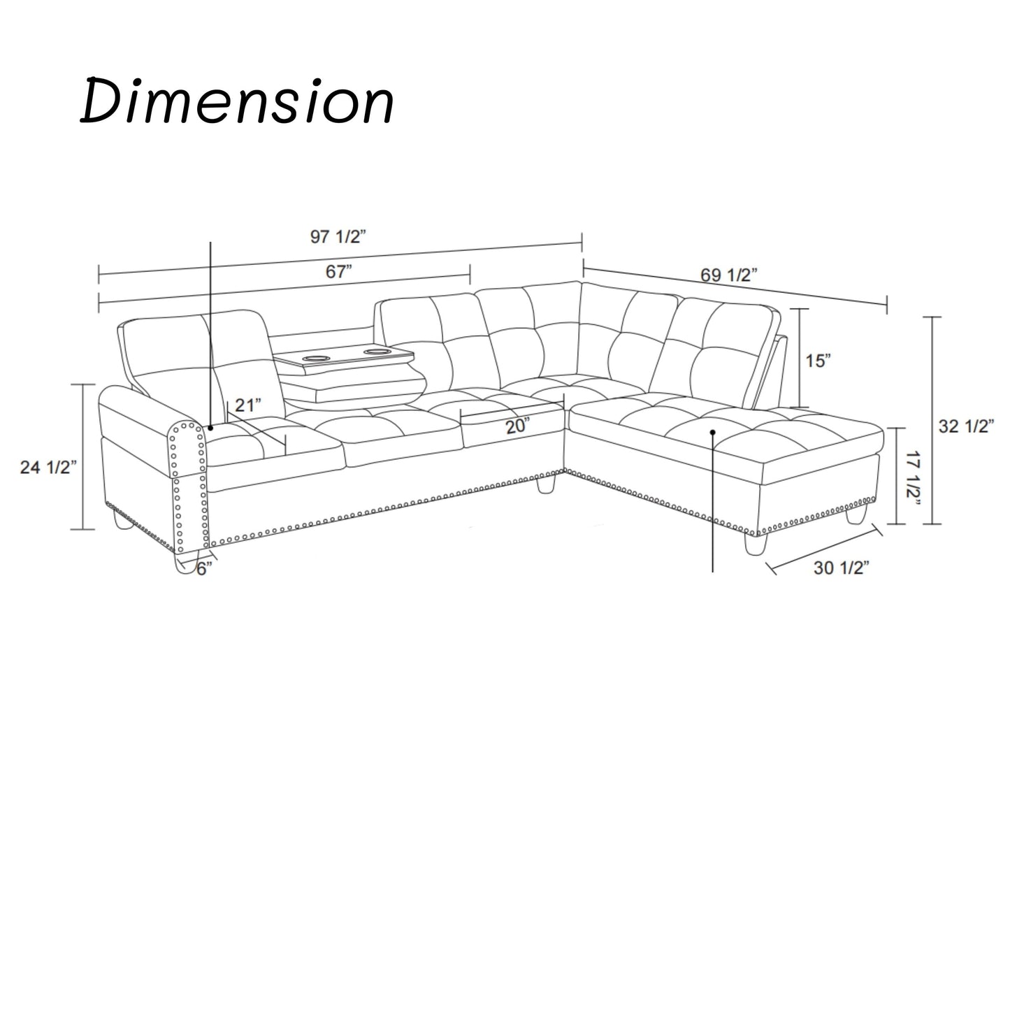 Trygoal L Shape Sectional Couch with Chaise, 97.5 Inch Modular Sofa with Cup Holders, Sectional Couches for Living Room, Ergonomic Reclined Backrest, for Office and Small Apartment, Brown
