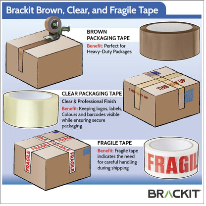 brackit Packing Tape Set Brown and Fragile and Clear with Dispenser, 48mm x 66m, Pack of 6 Rolls – Strong Seal Tape for Regular Packing Use or Moving