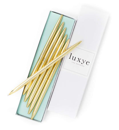 Luxury Ballpoint Gold Pen Set of 6 in Glossy White Gift Box | Gold/Black Ink Office Pens for Women & Men - Slim, Nice Writing Pens