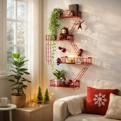 4 Tier Fire Escape Wall Shelf – New York Decorative Floating Shelf – Wall Art Ladder Shelf – Red Metal Trinket Shelves for Bedroom, Home, Office, Storage and Display
