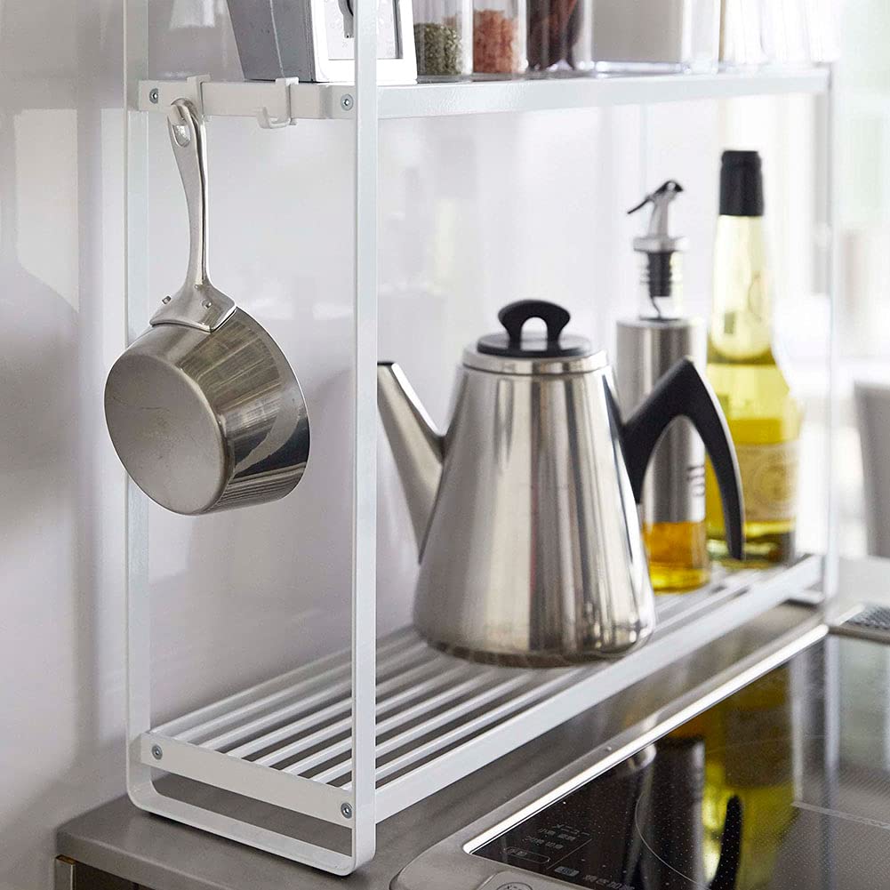 Yamazaki Industries 5150 Horizontal Stove Rack, 2 Tiers, White, Approx. W 20.1 x D 5.5 x H 15.7 inches (51 x 14 x 40 cm), Tower, Gap Storage, Condiment Rack, Holds Pots and Oils, Hooks