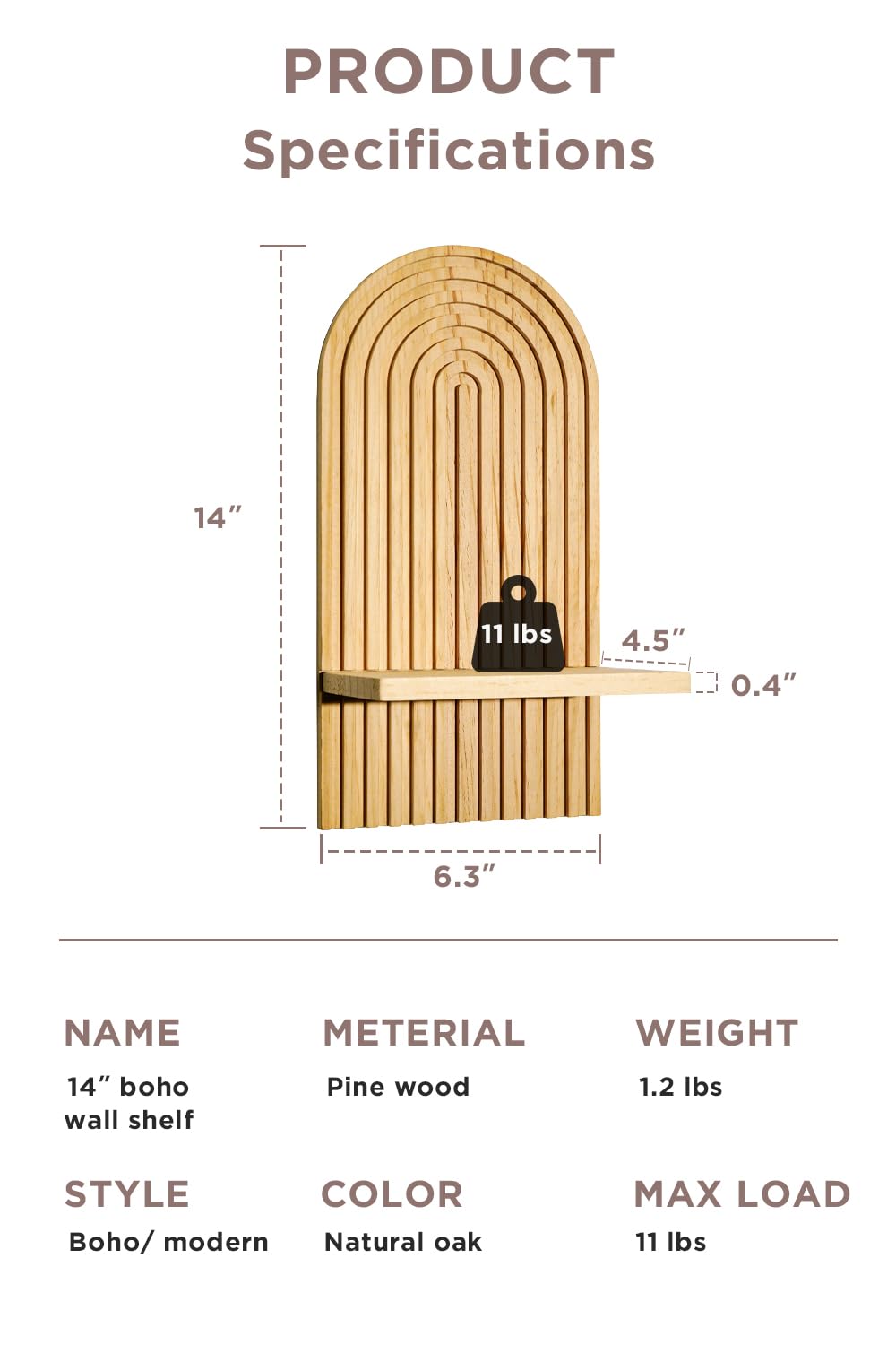 KMUXXIN Boho Wall Shelf, 14" MCM Arched Decorative Floating Shelves, Wooden Round Shelf for Plants, Entryway, Bathroom & Bedroom, Natural Oak