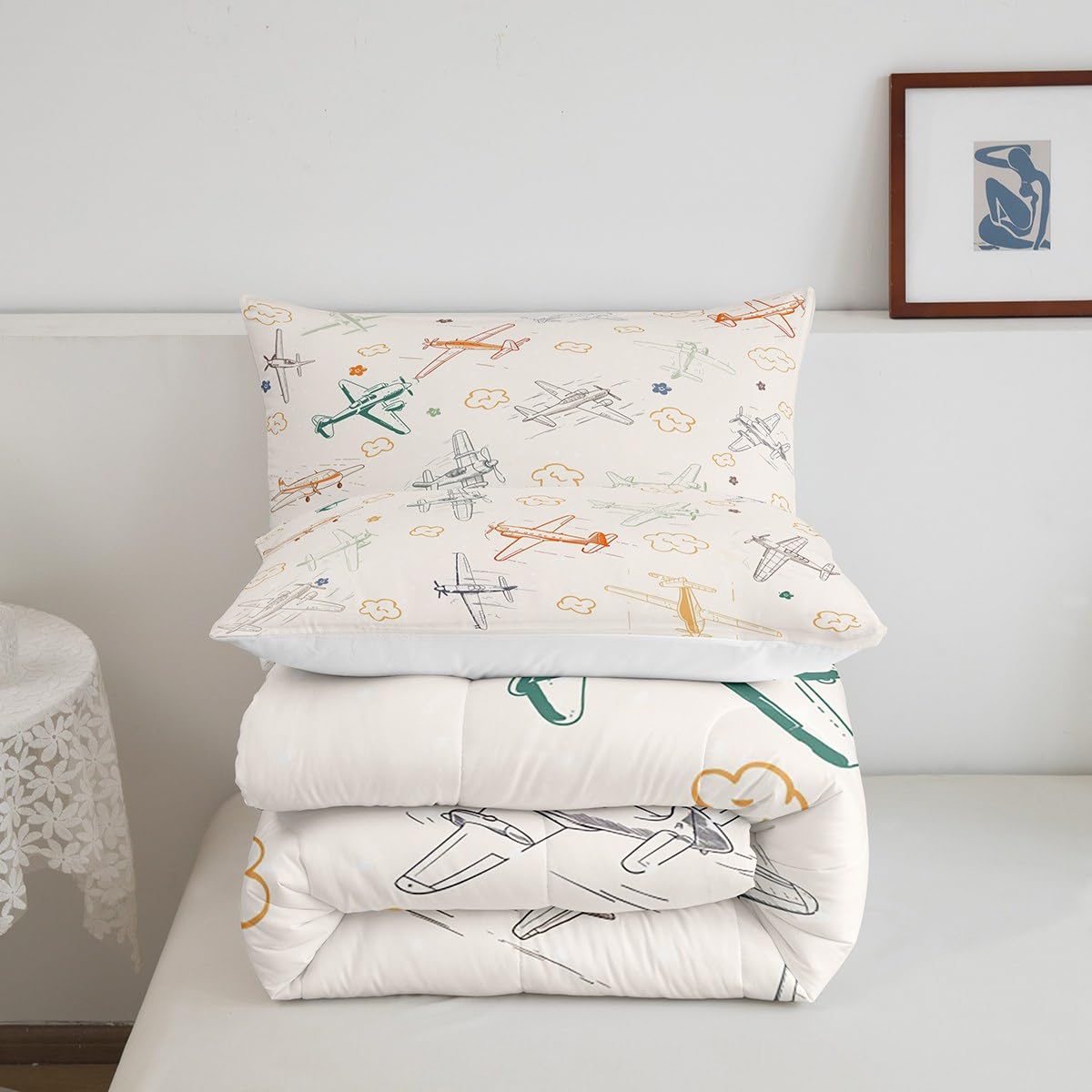 Castle Fairy Aircraft Bedding Set Kids Airplane Print Comforter Boys Girls Decor Aircraft Flying Theme Blanket Microfiber Sketch Style Khaki Yellow Duvet Set Bedroom Twin Size with 1 Pillow Case