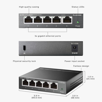 TP-Link TL-SG105S 5 Port Gigabit Ethernet Network Switch, Ethernet Splitter 1 to 4, Network 4 Way Ethernet Hub, Desktop & Wall-Mounting, Sturdy Metal Case, Fanless, Plug & Play, Energy-Saving