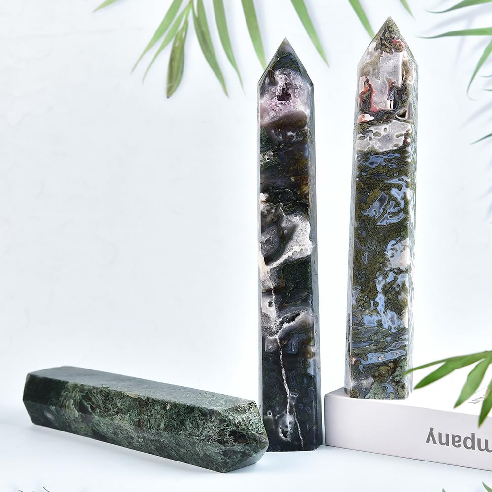 MOGEMT Moss Agate Crystal Tower 10-12 inch Large Healing Crystal Point Obelisk Reiki Energy Meditation Decoration Gift