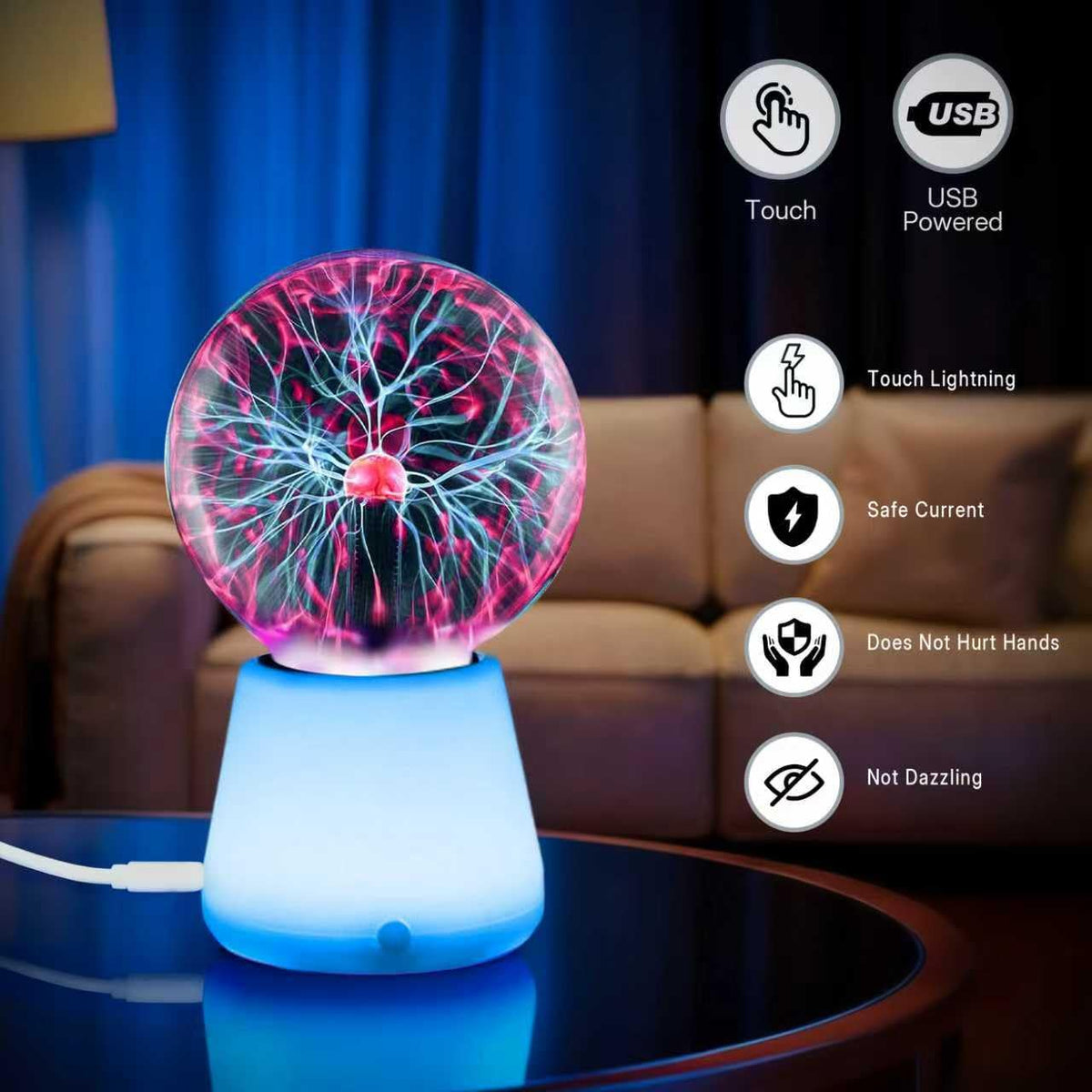 Xsnzdq Plasma Ball Lamp 3-Inch, Touch Reactive Lightning Globe, USB-C Powered Electric Plasma Ball, 7-Color LED Base Night Light, Interactive STEM Science Toy, Desk Decor Gift