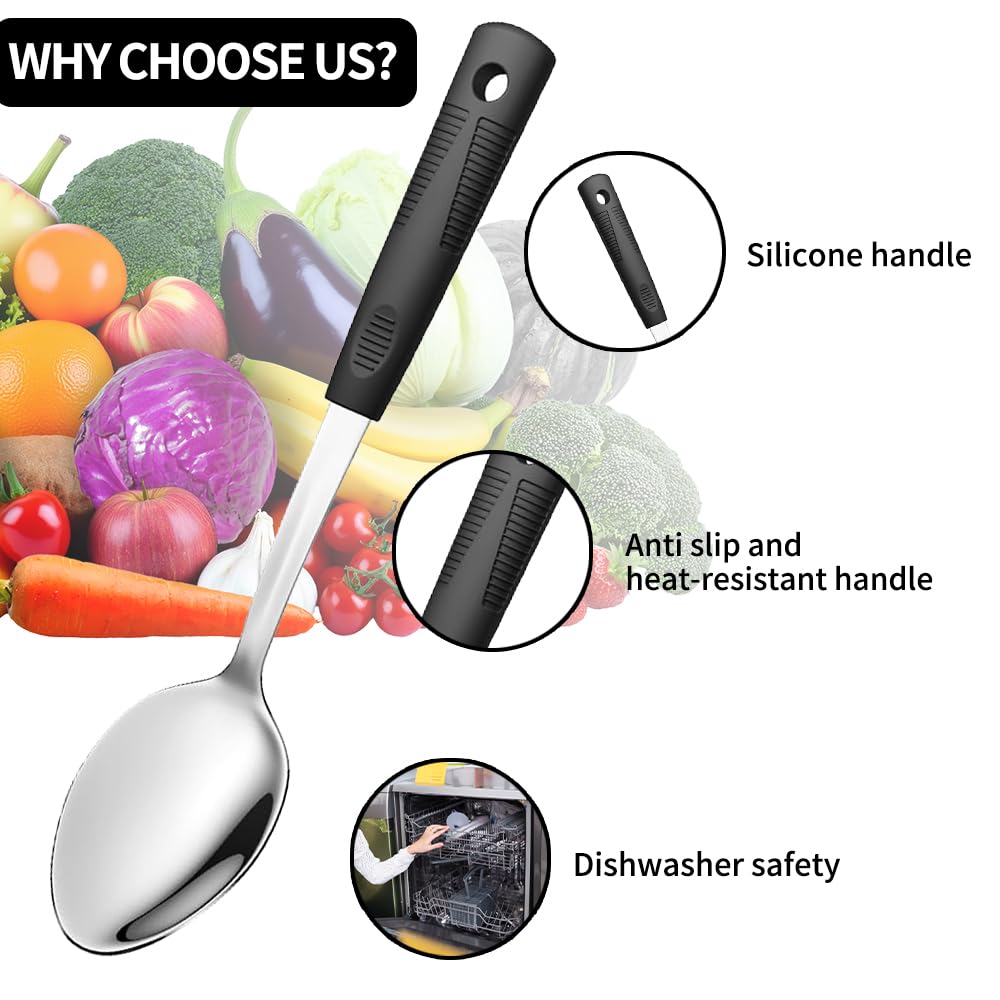 Metal Serving Spoons Set, Large Serving Spoons with Silicone Handles, Stainless Steel Serving Spoon, Slotted Spoon & Soup Ladle Set for Buffet and Home Kitchen (Black)