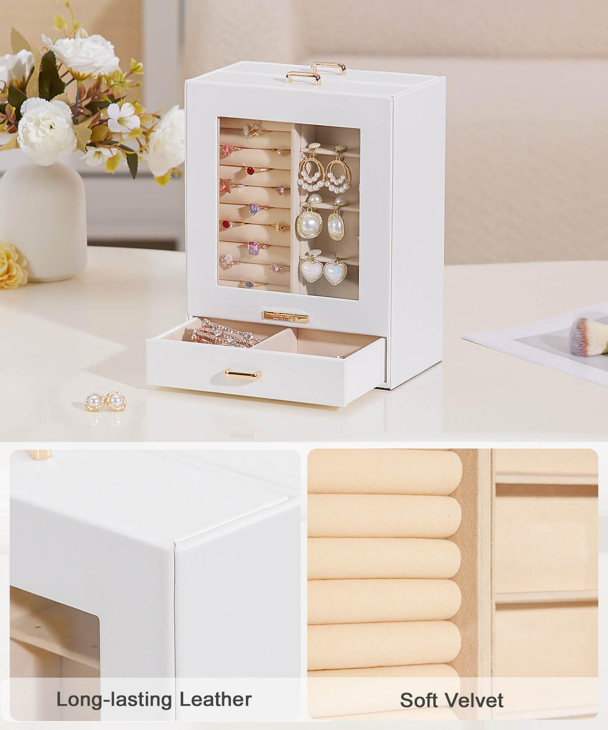 Homde Jewelry Organizer Girls Women Jewelry Box for Necklaces Rings Earrings Gift Bracelets Storage Case (White + Gold)