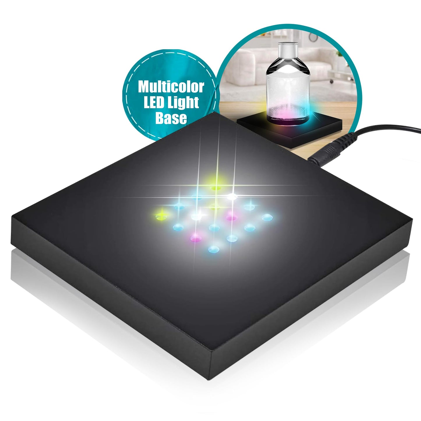 ASENTE 16 LED Multi-Color Light Stand Base- Lighted Acrylic Display, Crystal Display, Trophy & Art Hologram, 3D Pedestal Stand for Crafts, & Other Special Centerpieces, 4.5V AC/USB Adapter, Matte Black