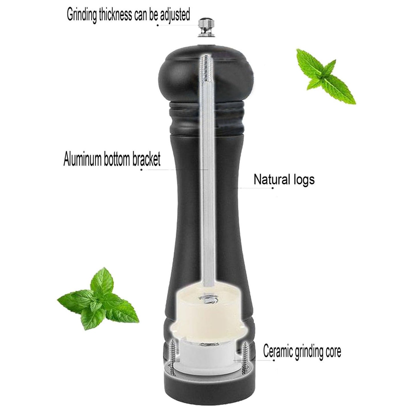 BINHAI Black Set Salt Pepper Mill,Wooden Pepper Grinder Manual Mills Solid with Strong Adjustable Ceramic Grinders 2 Piece 8 Inches