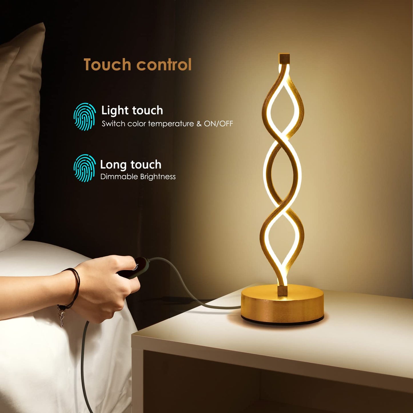 NUÜR Gold Infinity Spiral LED Table Lamp, Lamps for Bedrooms Dimmable Metallic Bedside Lamp with Touch Controller, 3 Colour Temperature, 15.8 Inch Height for Living Room