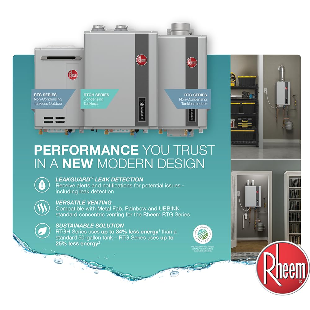 Rheem Natural Gas Condensing Tankless Water Heater Indoor Up To 9 GPM, 180,000 BTUs Continuous Super High Efficient Hot Water