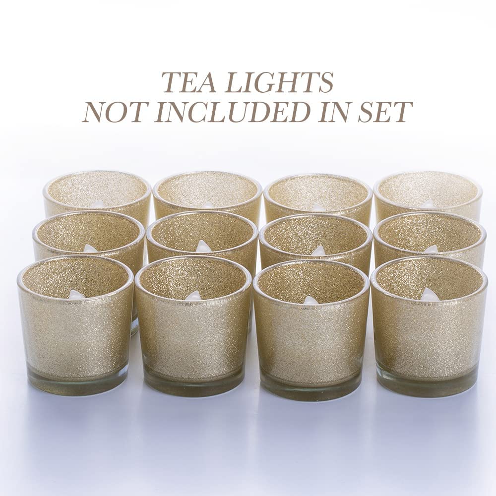 Gold Votive Candle Holders, BeMoment Glitter Glass Tealight Candle Holder for Christmas, Wedding Decor and Home Decor, Festival, Xmas, Holiday, Set of 12(2”×2”)