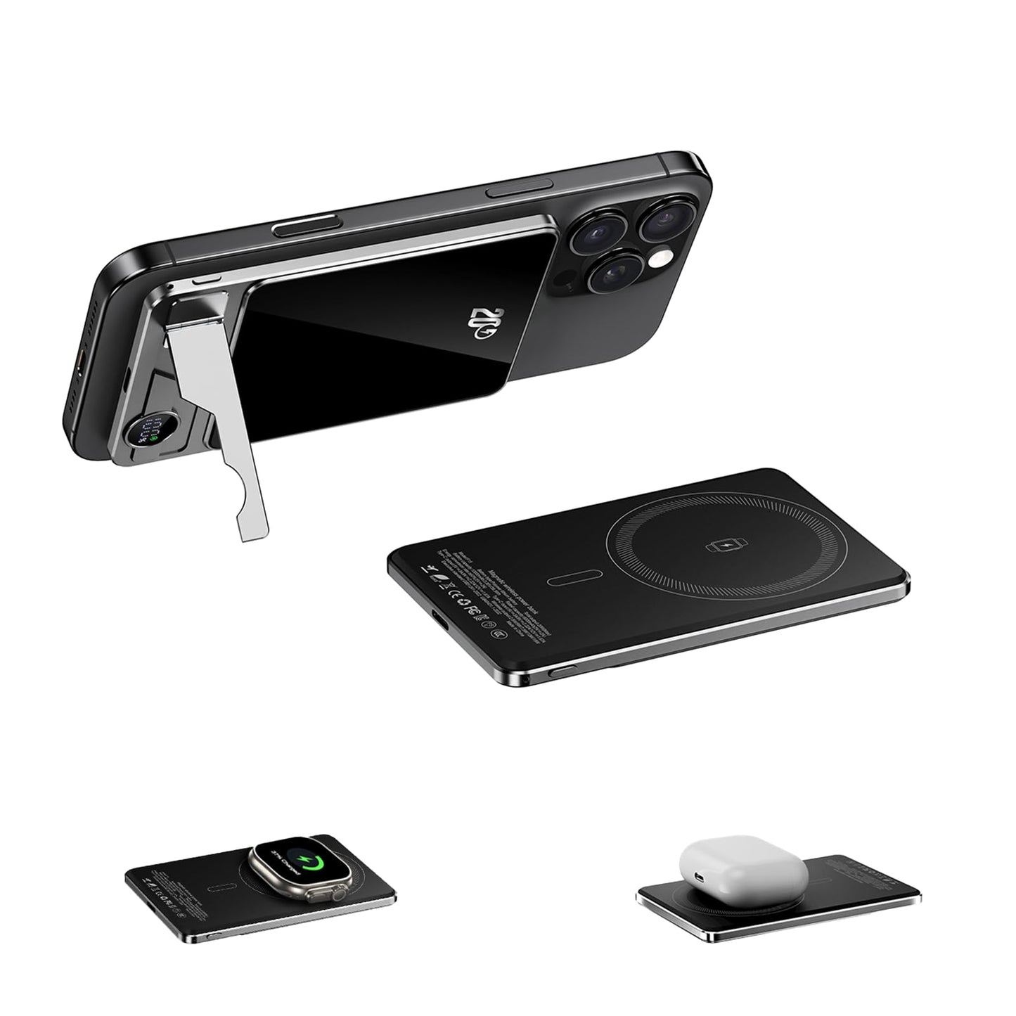 Magnetic Portable Charger 10000mAh 20W PD Fast Charging Foldable Stand & LED Display Magnetic Power Bank,Built-in USB-C Cable Battery Pack Compatible for iPhone 17/16/15/14/13/12 Series (10000mAh)