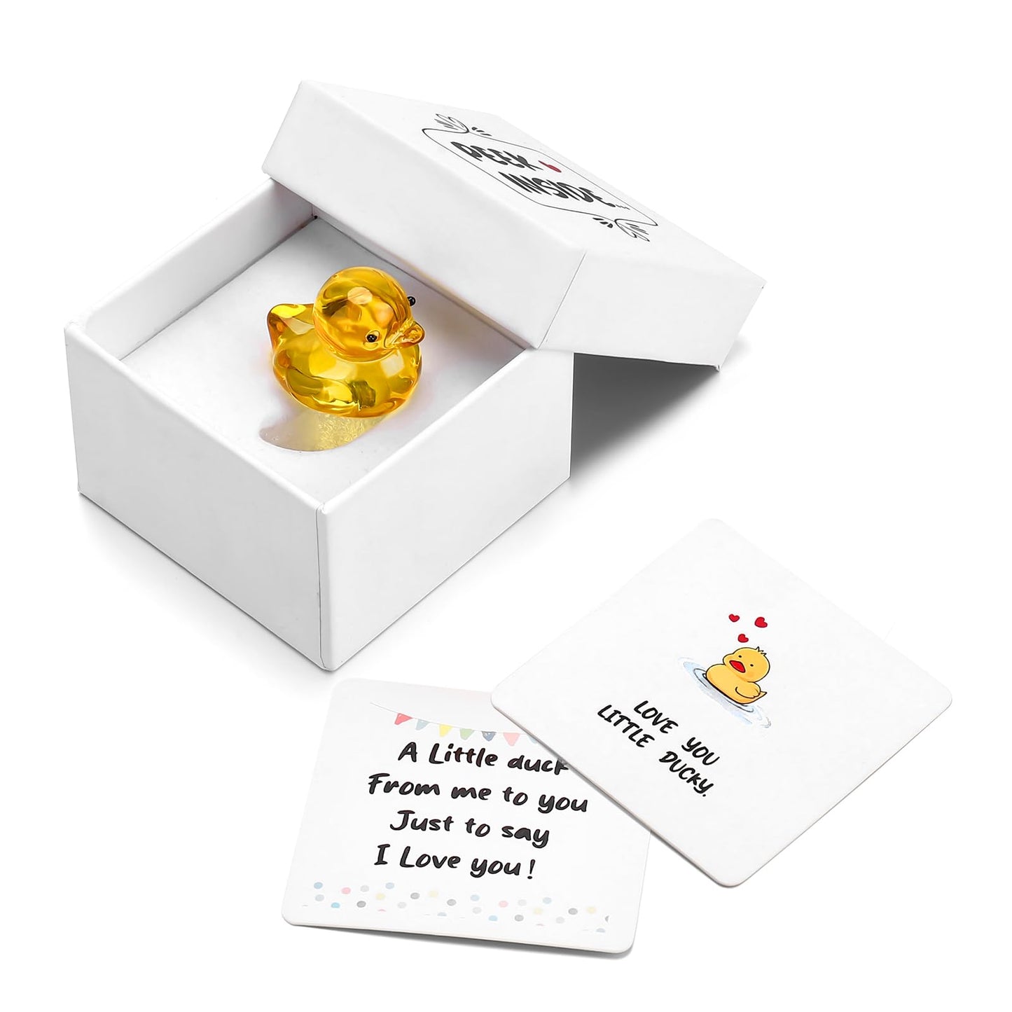 Ovveroche Yellow Glass Ducky Figurine, Mini 3D Crystal Duck Keepsake, Small Animal Ornament with Gift Box &Greeting Cards,Gift for Her, Mom, Daughter, Valentine Birthday Home Desk Decor