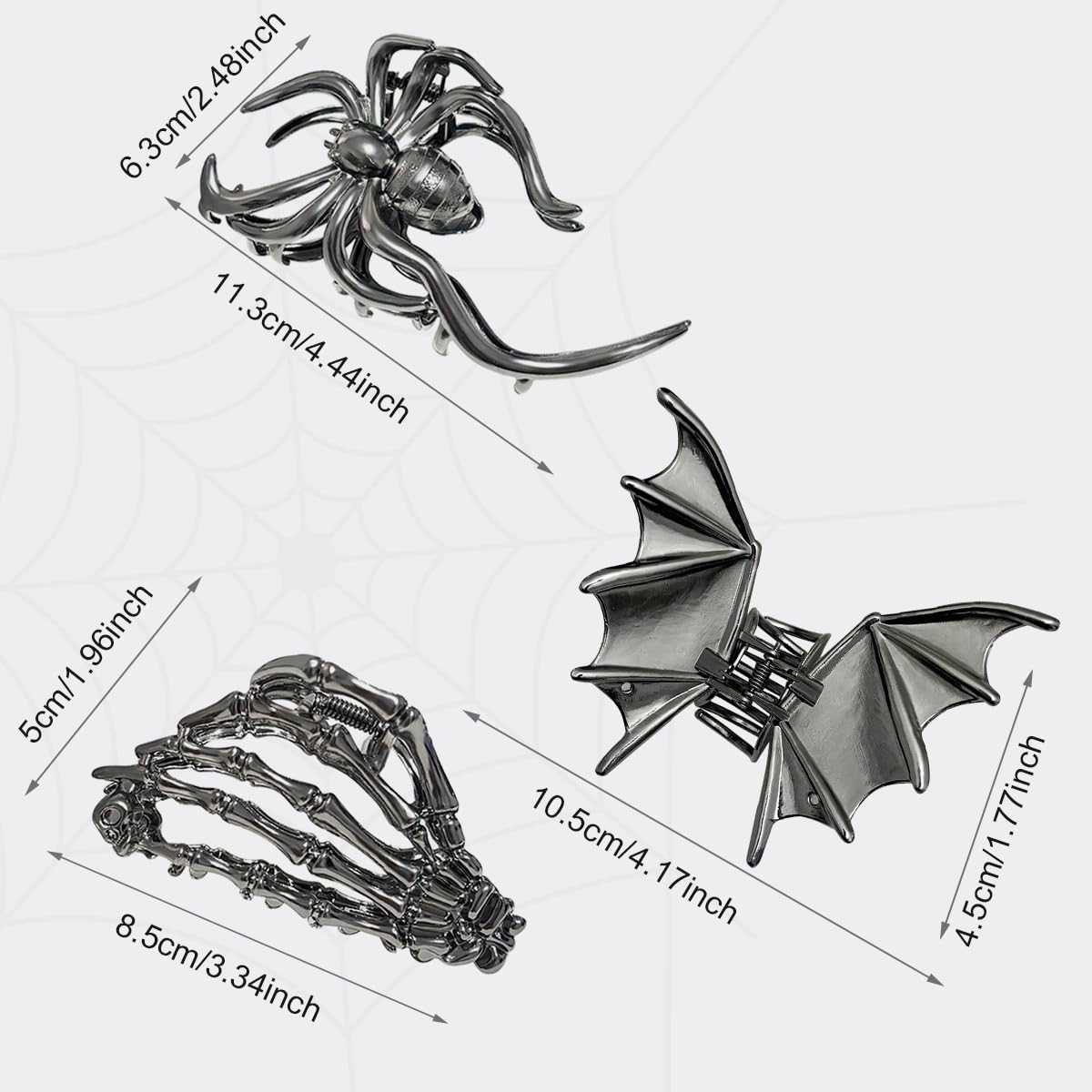 Parcce 3 Pieces Large Metal Spider Net Bat Hand Hair Claw Clips for Women and Girls Thick Long Hair, Nonslip Skeleton Spooky Barrette Headband Hair Styling Accessories for Halloween Christmas Gifts