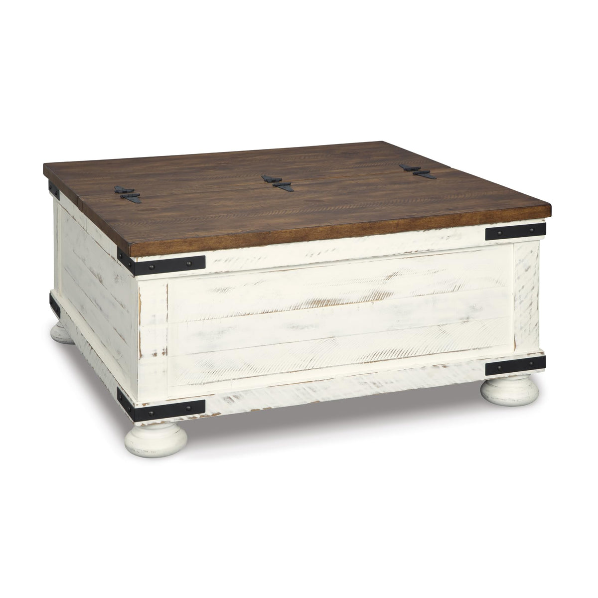 Signature Design by Ashley Wystfield Farmhouse Coffee Table with Storage, Hinged Lift Top, Wood, 36" W x 36" D x 18" H, Distressed White