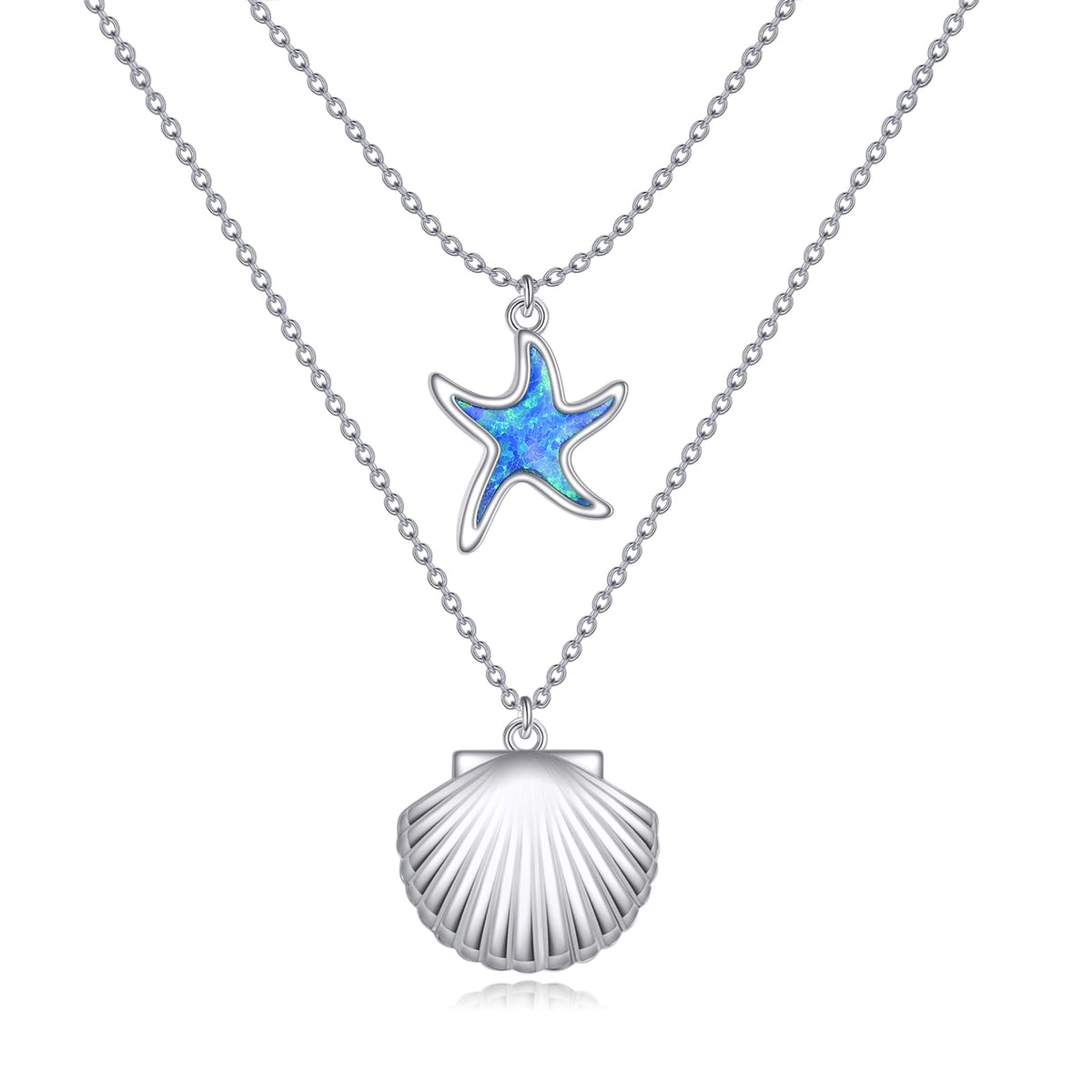 LUHE Starfish Necklace Sterling Silver Shell Pendant Blue Opal Sea shell Jewelry Ocean Necklace Gift for Women