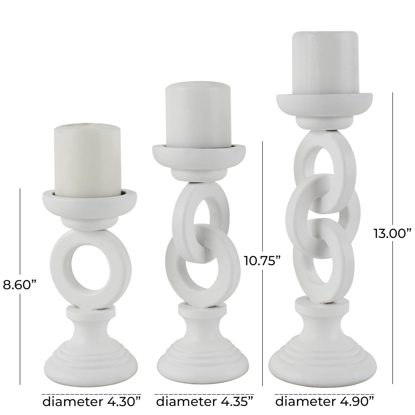 Deco 79 Wooden Decorative Candle Holder Chain Link Candle Stand, Set of 3 Candlestick Holder 13", 11", 9" H, White