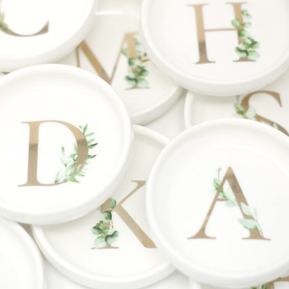 Trinket Tray Ring Dish with Personalized B in Gold Foil and Greenery - White Ring Dish - Monogrammed Trinket Dish or Jewelry Bowl - Cedar & Ink (B)