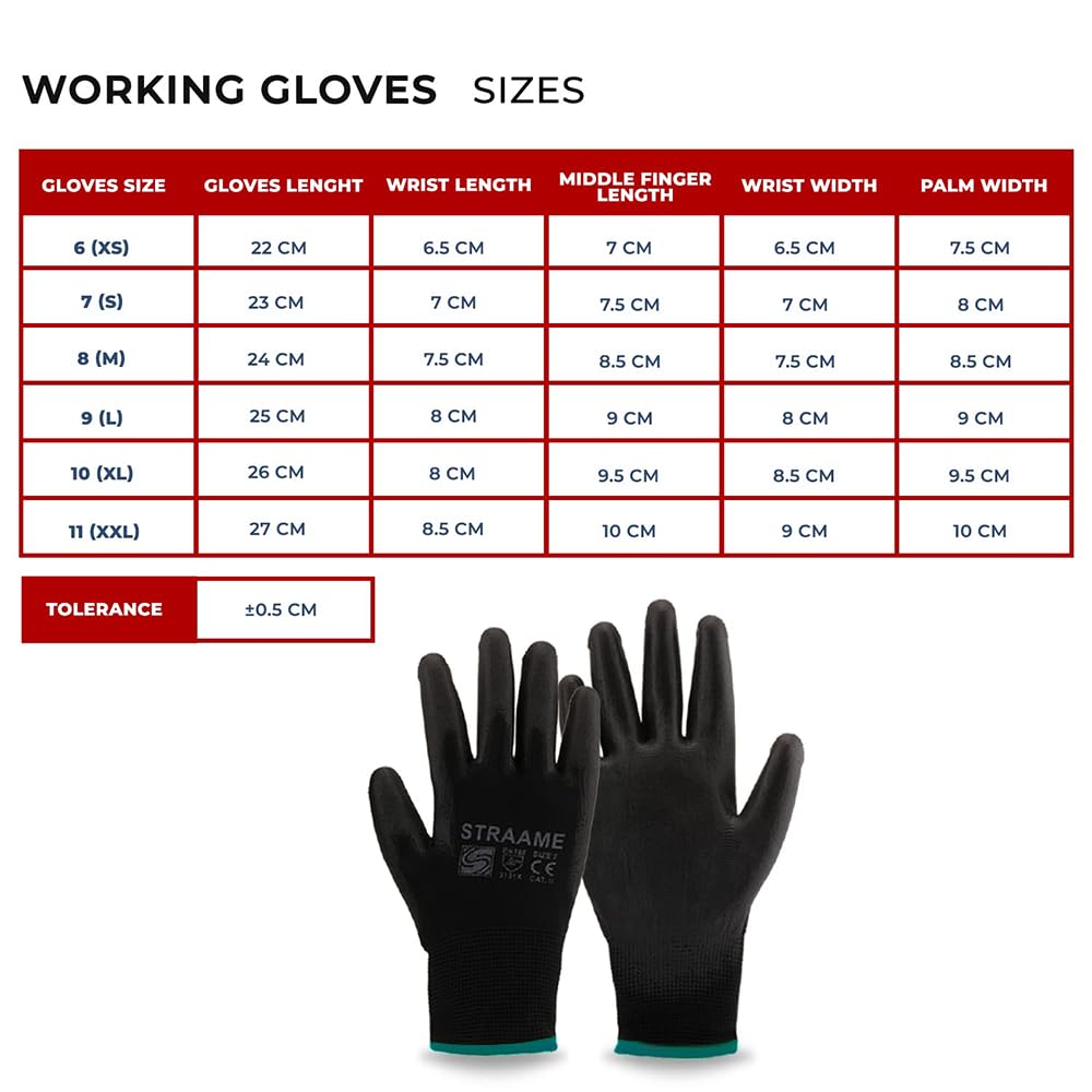 Straame Pack of 12 or 24 Black Safety Work Gloves, Outdoors PU and Nylon Non-Slip Work Handling Gloves, Good Dexterity Firm Grip Protective Working Gloves Size (Pack of 12 Pair's, M)