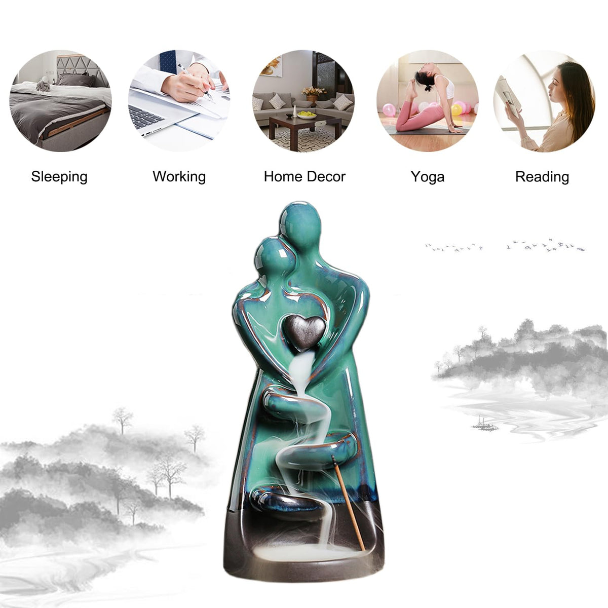 TRYKOJOTIC Ceramic Incense Holder, Creative Incense Waterfall Ornament, Backflow Incense Burner with 20 Cones + 30 Sticks, Zen Garden Yoga Meditation Home Decor