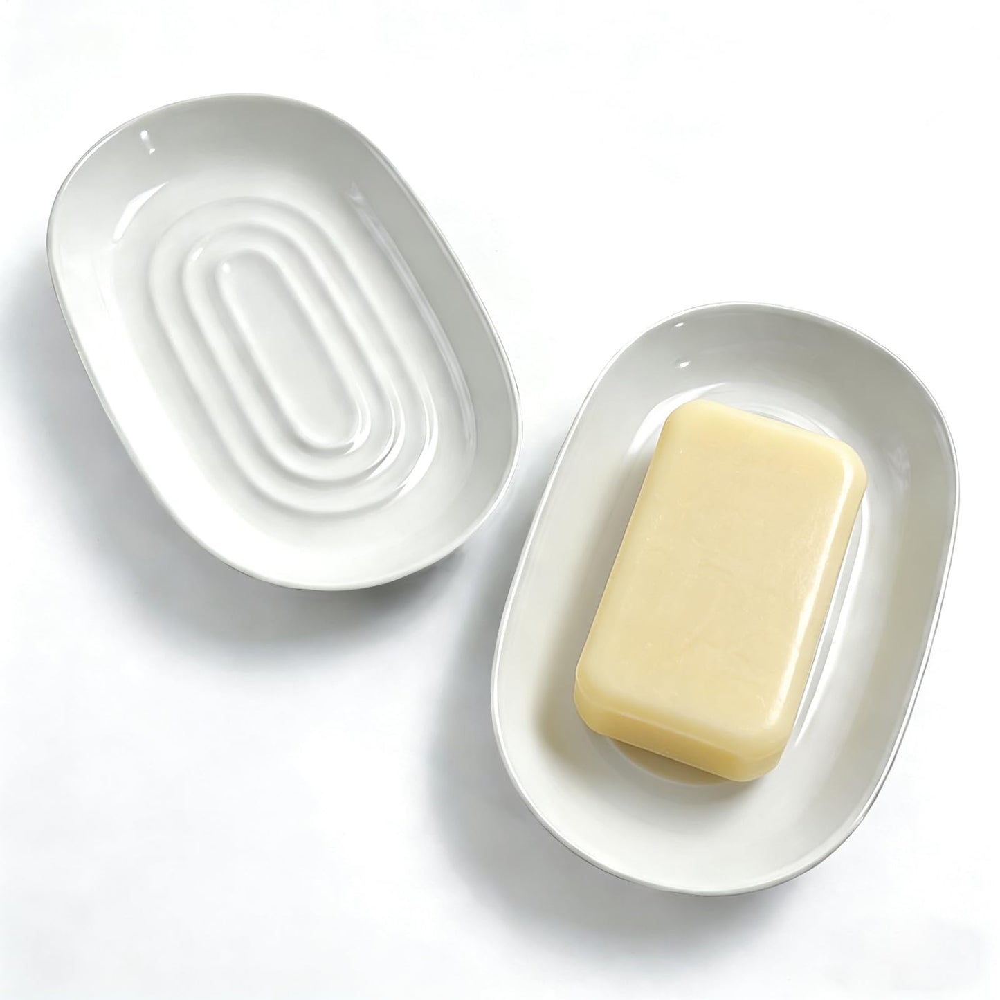 Ceramic Marble Pattern Soap Dish, Textured Raised Soap Saver Tray for Shower Bathroom Kitchen Sink Vanity, Easy to Clean Multi-Use Holder for Bar Soap Jewelry Rings Keys, White (2 Pack)