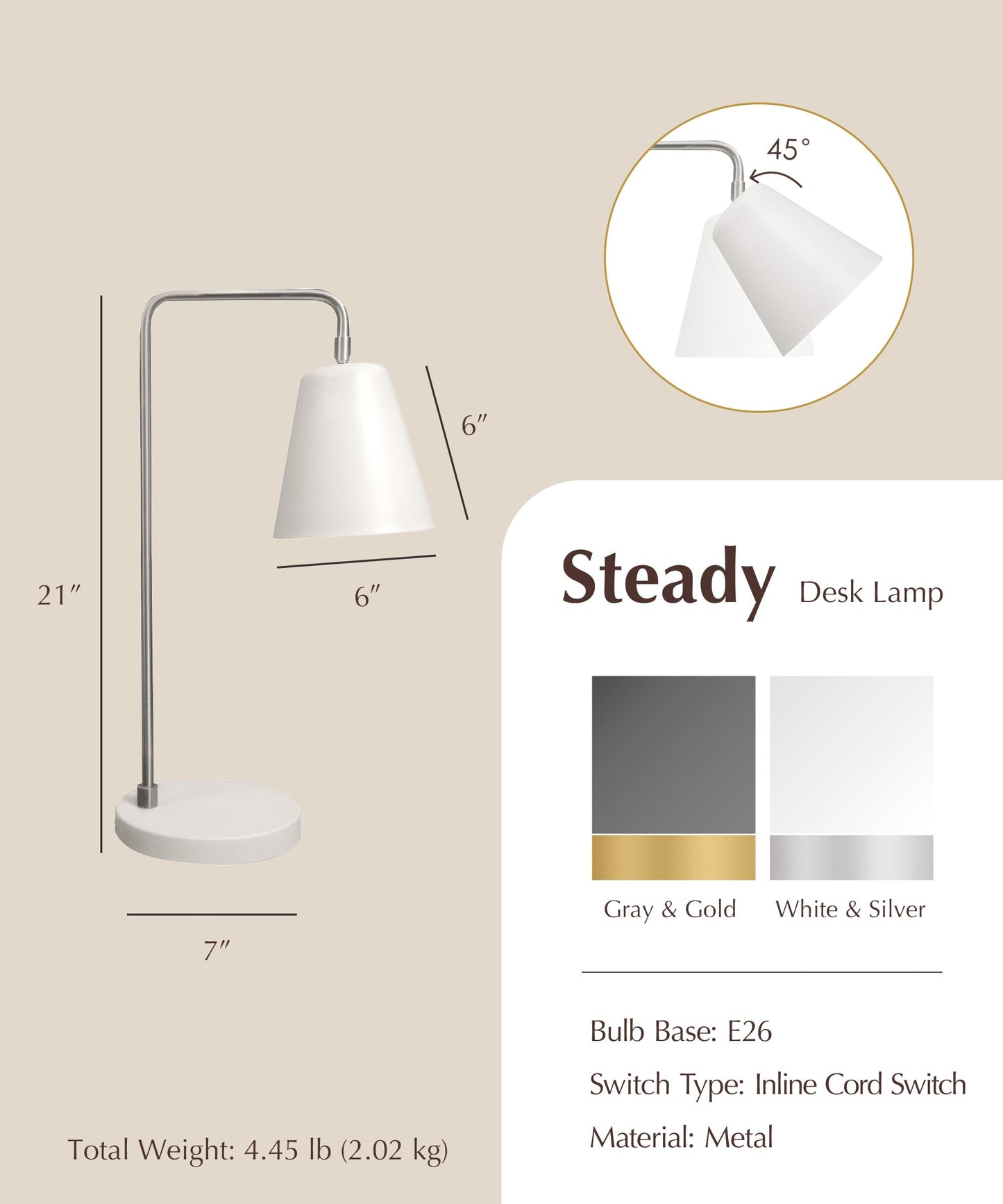 HarvestLand Steady Silver Reading Lamps for Bedside Table – Adjustable Industrial Table Lamp with Solid Base, Lamp for nightstand, Desk Lamp Home Office, Mid Century Modern Reading Lamp Style