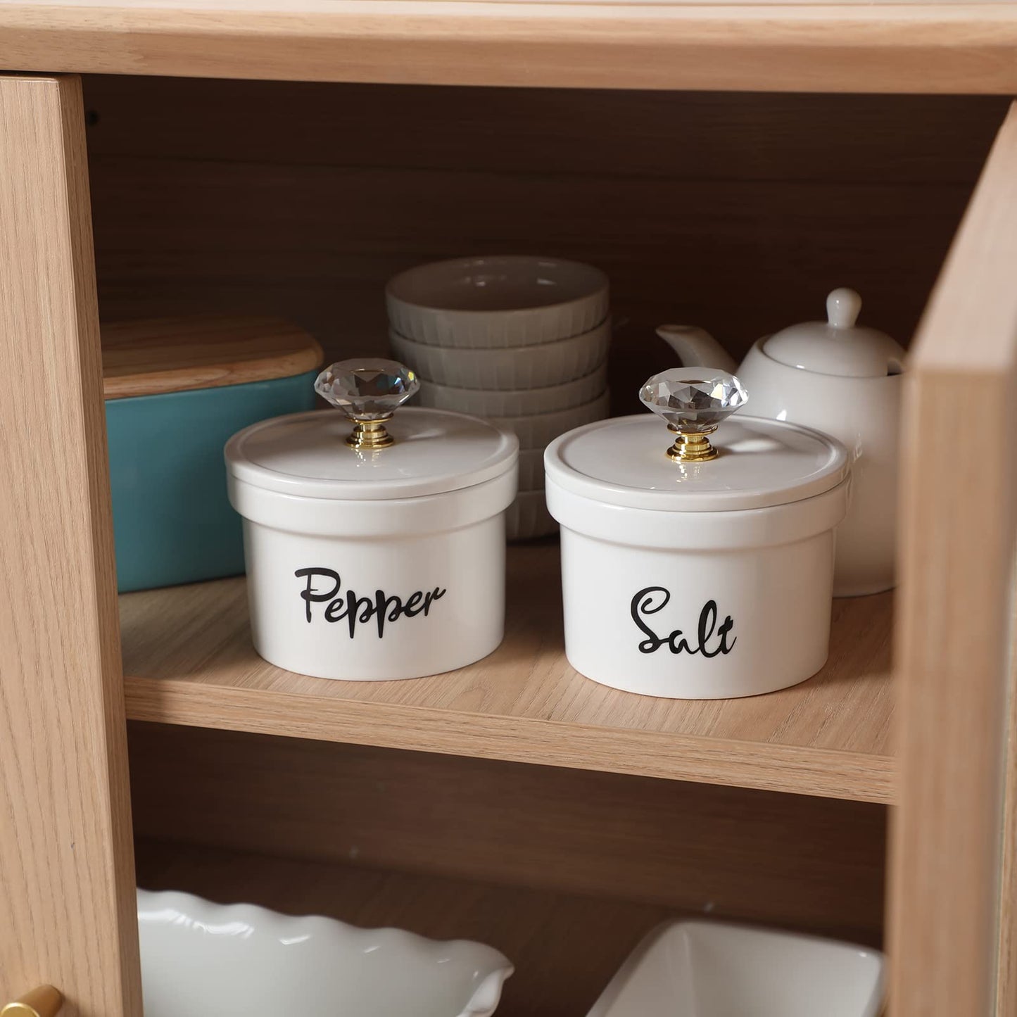 HAOTOP Salt and Pepper Bowls with Crystal Lid, 12.5 oz Ceramic Salt Pepper Container for Countertop,Farmhouse Kitchen Decor, Set of 2 (Gold)