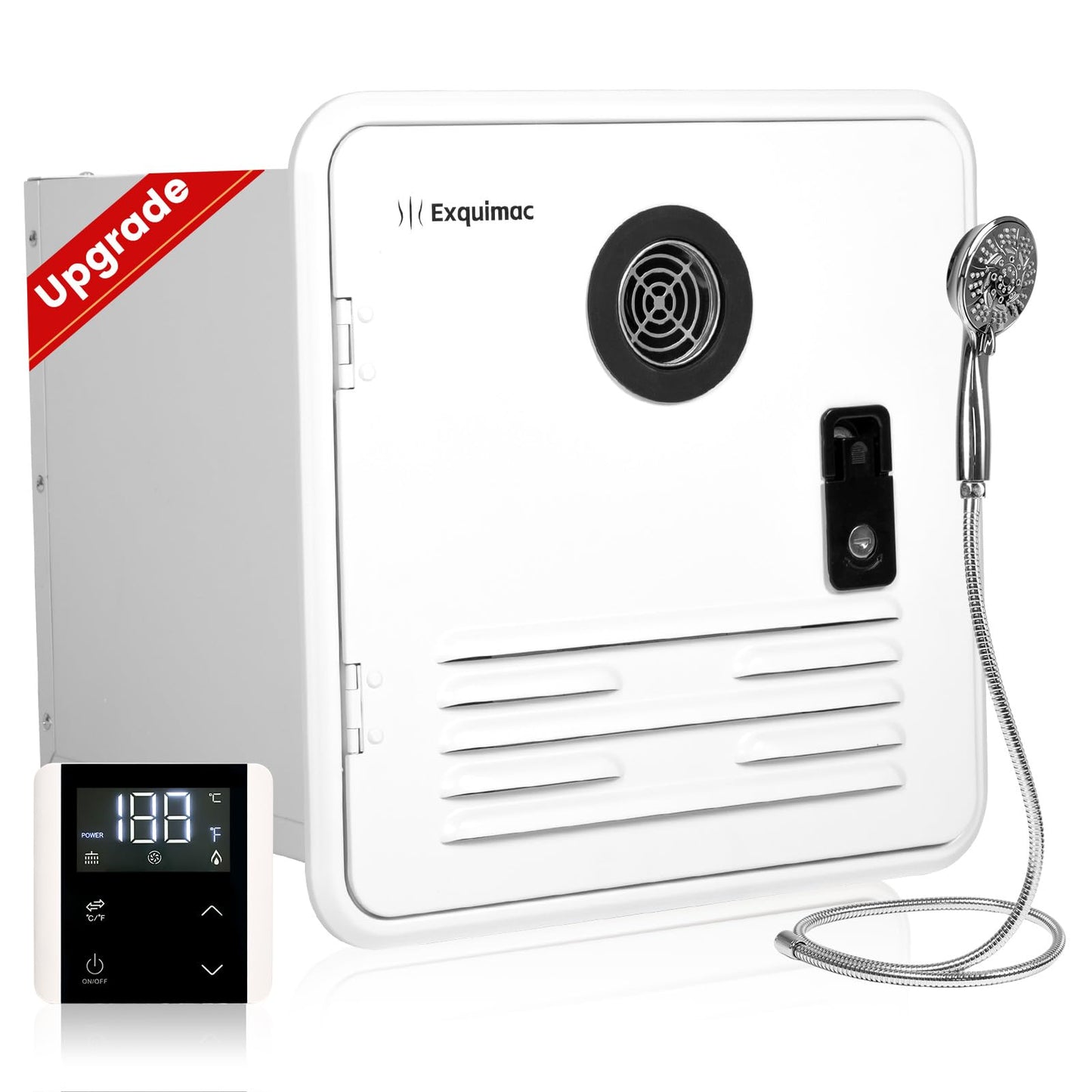 RV Tankless Water Heater with Shower Head, 65,000 BTU Propane Gas, DC 12V, High Altitude Ready with 15x15 Inch Door & Remote Controller Energy Saving & Freeze Protection for RVs