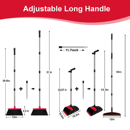 UDUK Broom with Dustpan Combo Set and Silicone Air Broom Kit, 51" Long Handle Floor Squeegee, Red Household Kit for Glass Window Rugs Pet Hair Home
