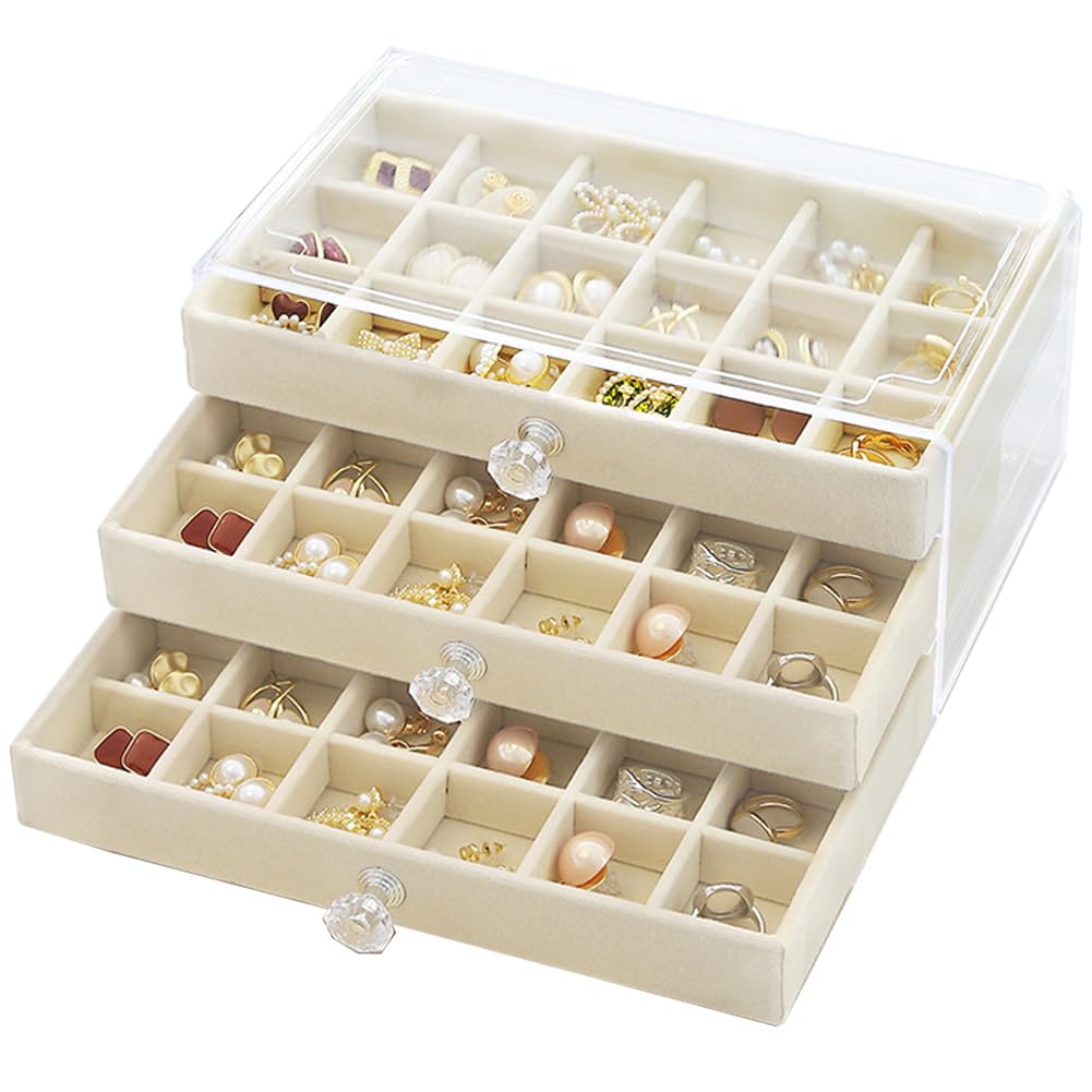 SPAKOWN Earring Box Holder Organizer Display Case, Clear Velvet Jewelry Storage Tray Organizer for Earring Ring Stud (Beige - 3 Drawers)