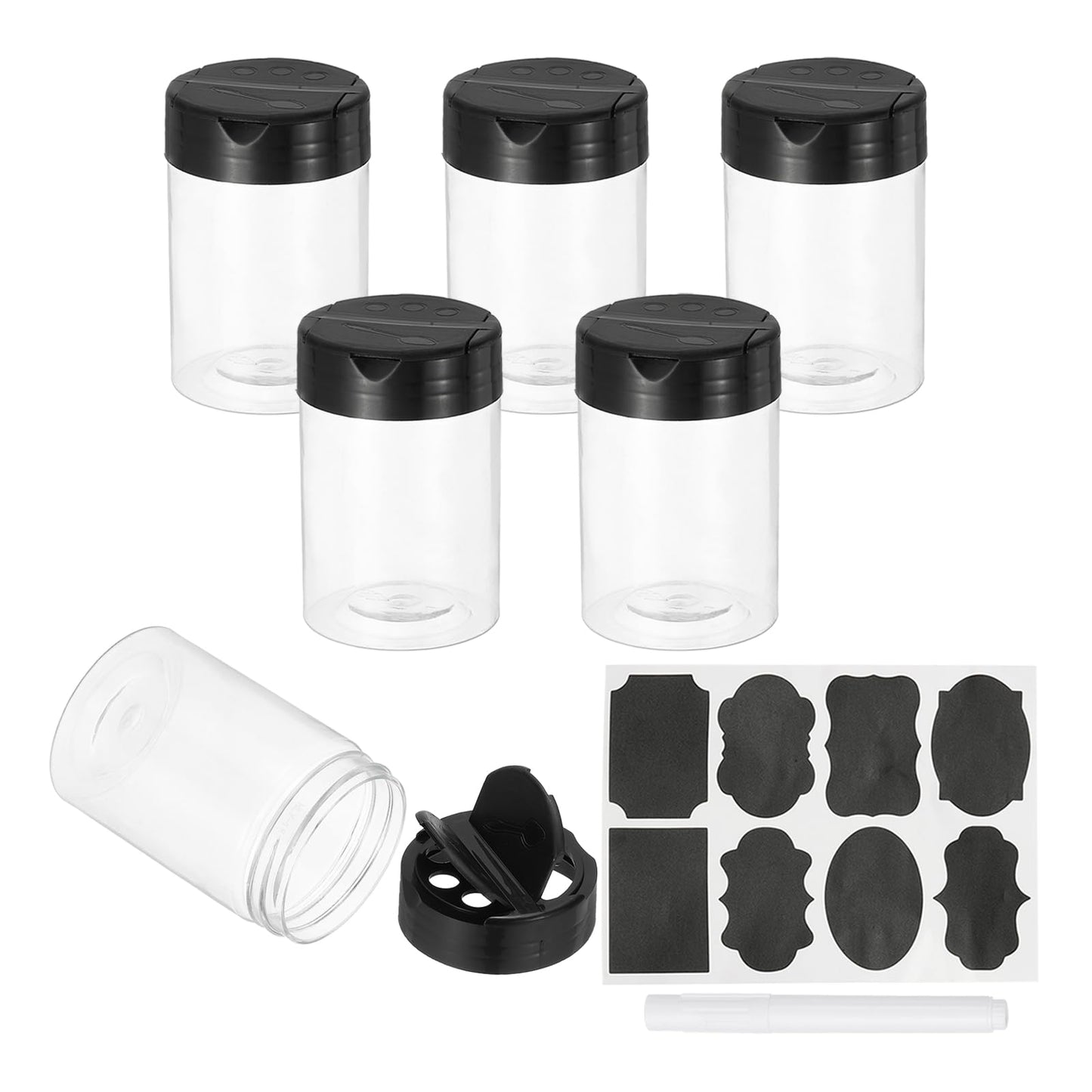 PATIKIL 5.4oz Plastic Spice Jars with Shaker Lids, 6 Pcs Refillable Empty Seasoning Containers Bottle with Label Marker Pen for Storing Spice Salt Herbs Powders Condiment, Clear