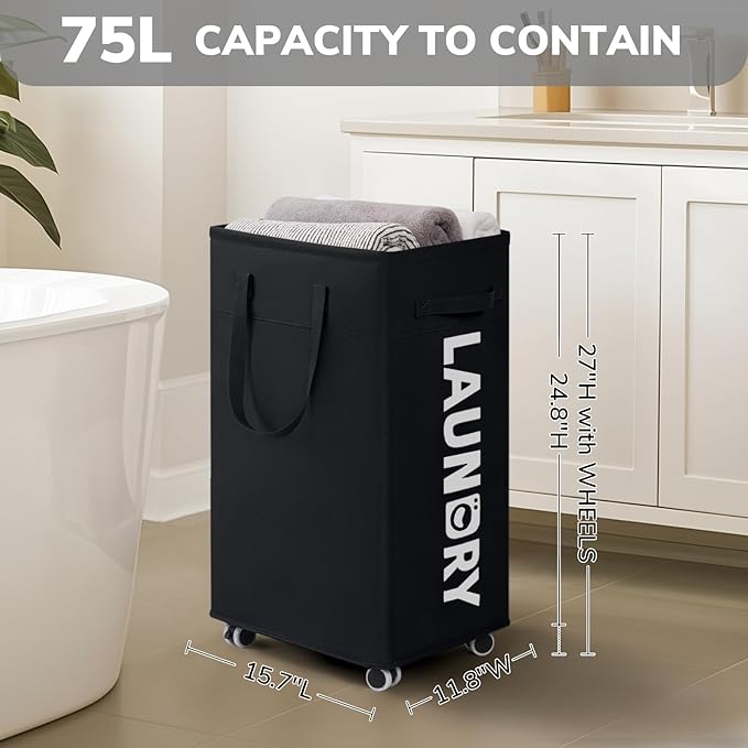 Goodpick Laundry Basket with Wheels, Collapsible Laundry Basket