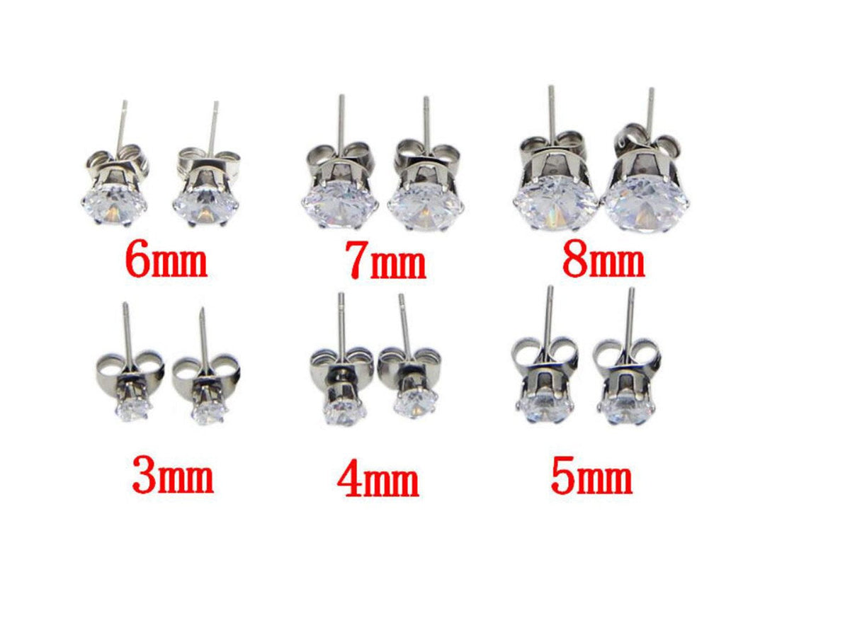 Stainless Steel Stud Earrings Hypoallergenic Cubic Zirconia (6Pairs) (Silver)