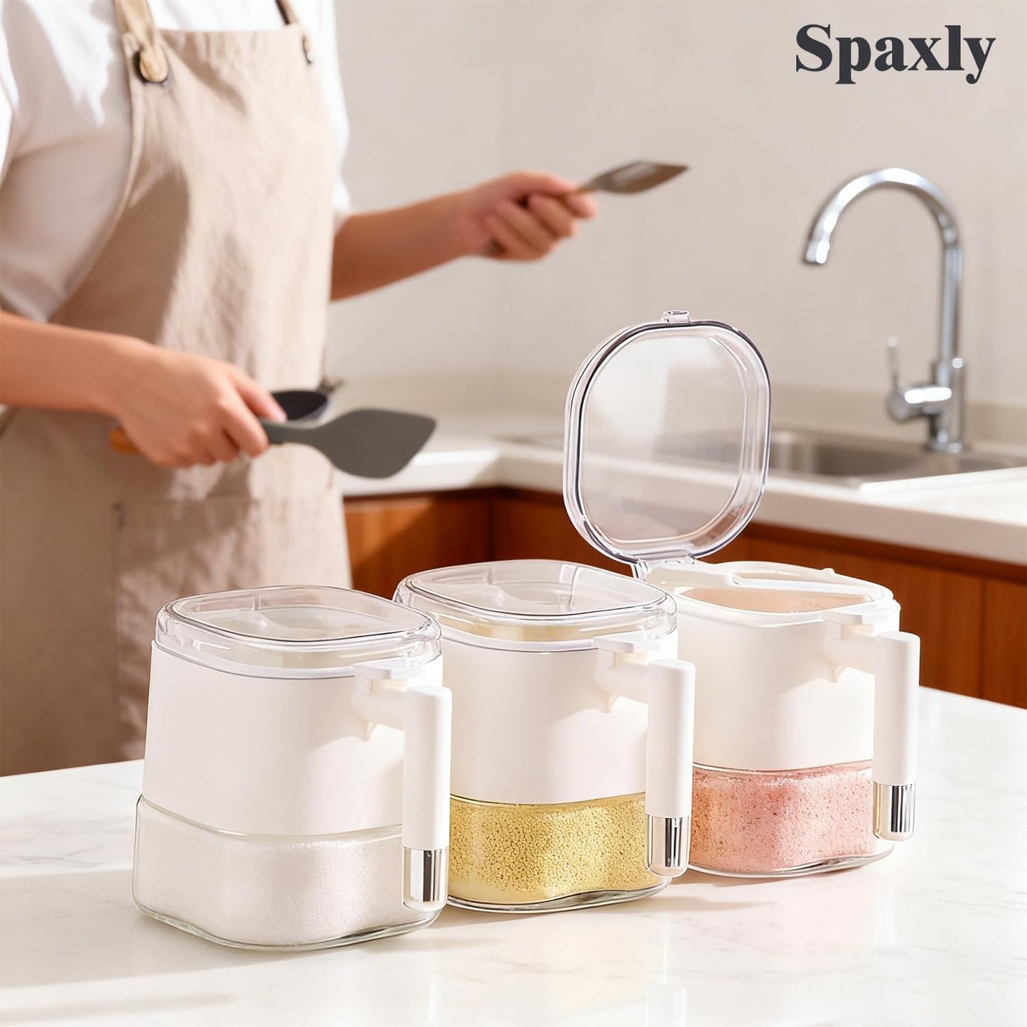 Spaxly Airtight Glass Spice Jars with Lids, 16 oz- One-Touch Open & Leakproof Containers for Salt, Sugar, Dry Goods, Moisture-Proof Kitchen Storage