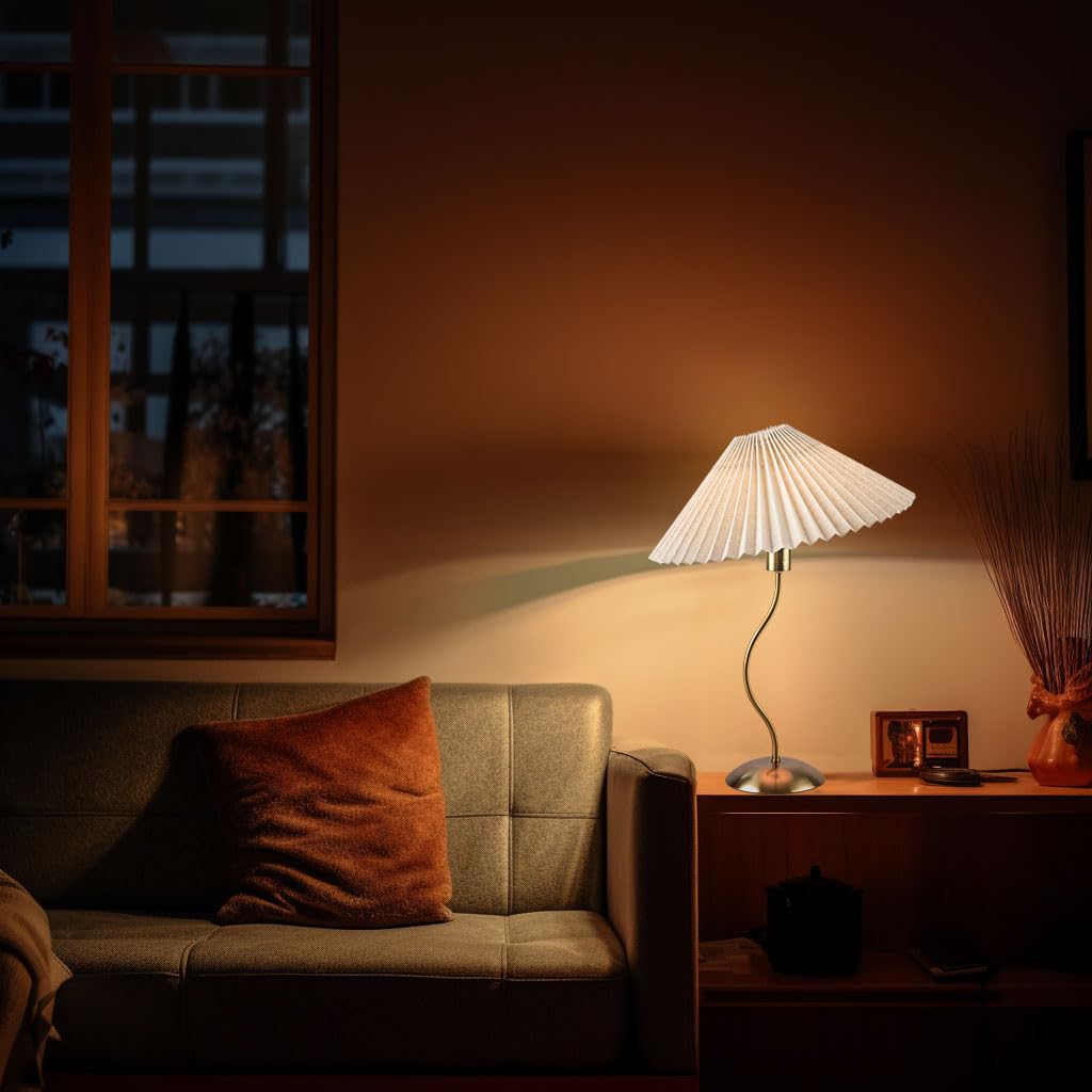 KUNJOULAM Small Pleated Table Lamp, Bedside Nightstand Lamp with Beige Lampshade, Morden Mini Lamp for Bedroom Home Office Decor, E12 Bulb Included