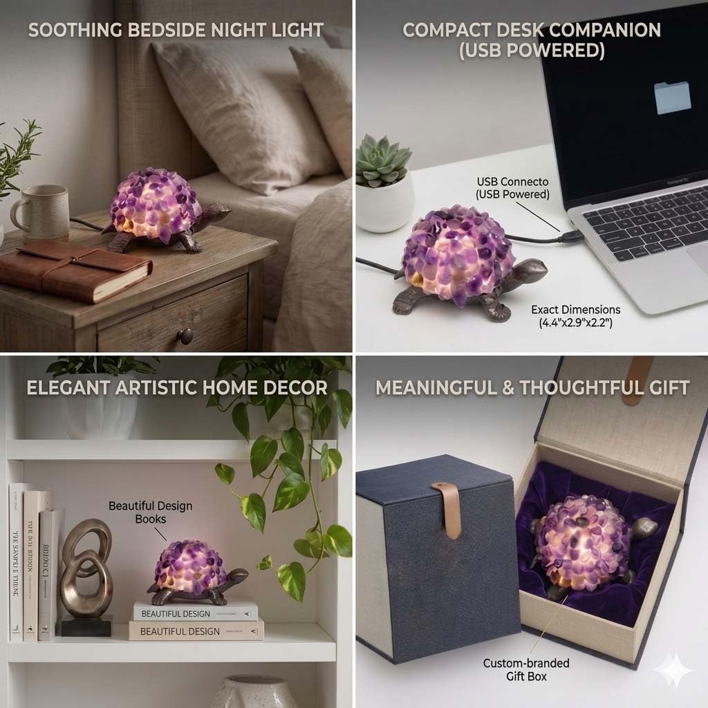 Youhot Handmade Genuine Amethyst Fragments Tortoise Table Lamp Night Light for Bedside Living Room