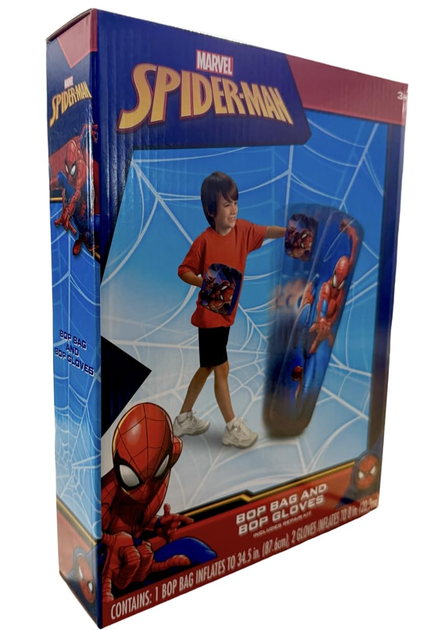 Spiderman Spider-Man Inflatable Bop Bag & Bop Gloves Set Kids Punching Bag with Gloves, Freestanding Superhero Blow Up Bouncing Boxing Bag for Exercise, Durable Heavy Duty Indoor and Outdoor - 34.5"