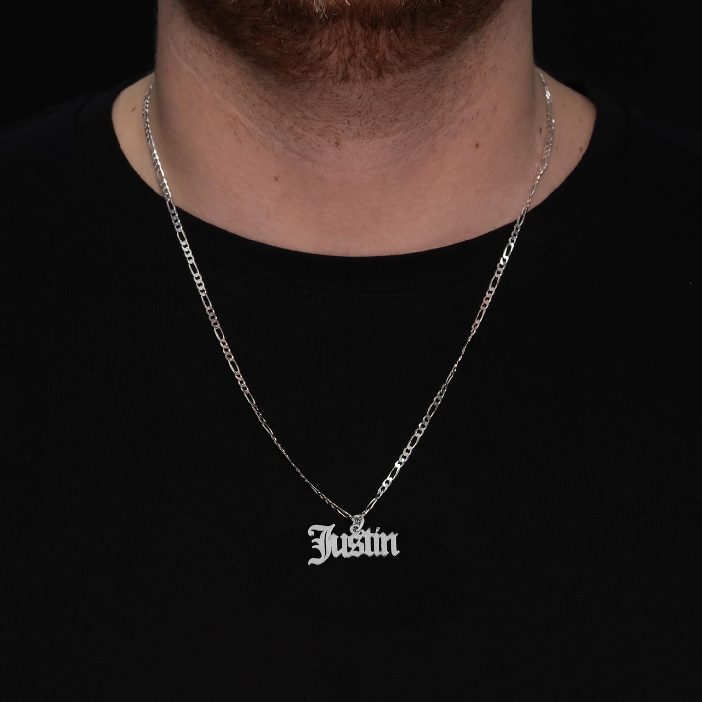 Beleco 18k Gold Plated or Sterling Silver 925 Custom Name Necklace - Personalized Name Plate Necklace with Elegant Figaro Chain, Old English Font | Customized & Personalized Necklaces