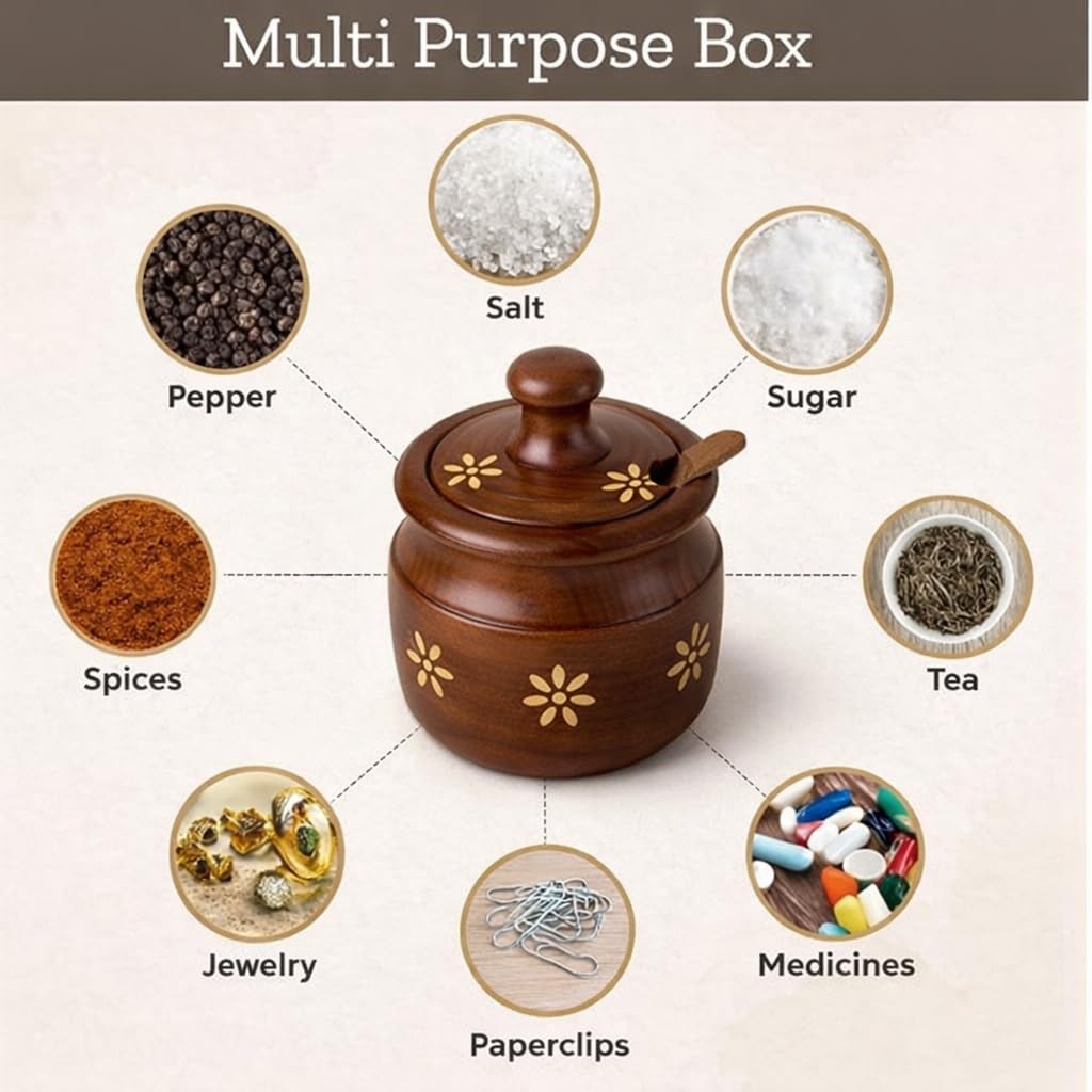 AMERIZONE Handcrafted Sheesham Wood Spice Jar with Spoon & Lid | Decorative Wooden Sugar/Spice Container with Brass Inlay | Traditional Kitchen Storage Pot