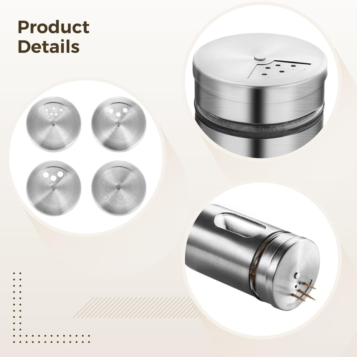 4 Pcs Salt and Pepper Shakers, Stainless Steel Kitchen Spice Dispensers with Adjustable Pour Holes, Clear Viewing Window, Mini Spice Jars for Salt, Pepper, Sugar, Cinnamon