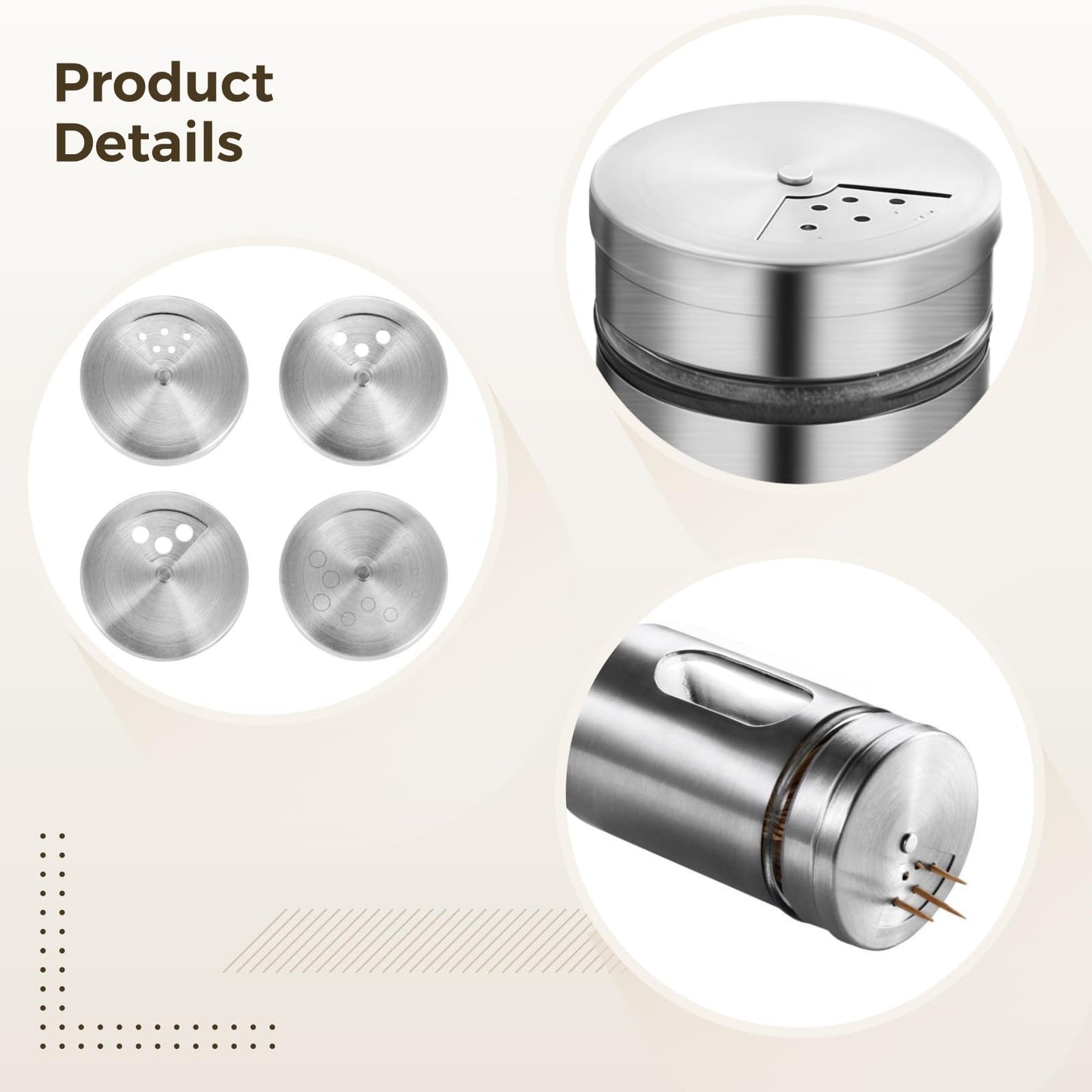 4 Pcs Salt and Pepper Shakers, Stainless Steel Kitchen Spice Dispensers with Adjustable Pour Holes, Clear Viewing Window, Mini Spice Jars for Salt, Pepper, Sugar, Cinnamon