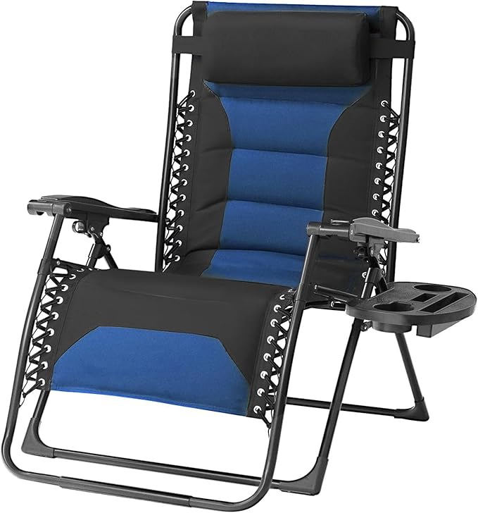 Zero Gravity Chair Oversized Folding Recliner XL, Padded Anti Gravity Lounge Chair with Adjustable Pillow & Cup Holder for Outdoor Camping, Patio, Poolside, Lawn (Black & Blue)