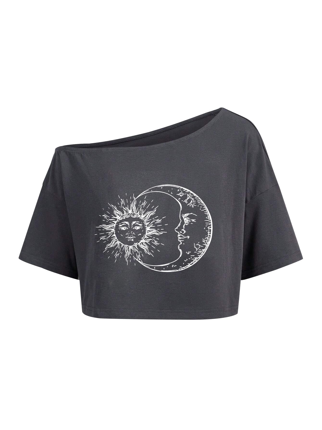 Remidoo Women's Off Shoulder Sun and Moon Graphic Crop Top Short Sleeve Loose Fit T Shirt Gray Gray Small