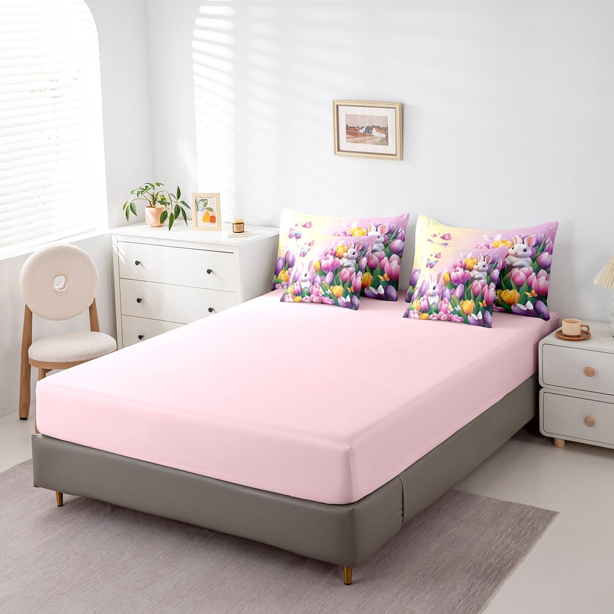 Erosebridal Pastel Tulip Twin Comforter Set 7 Piece Spring Tulip Flowers Bedding Set Pink Purple Garden Floral Bed in A Bag Cute Kawaii Rabbit Sheet Set with Comforter for Kids Boys Girls
