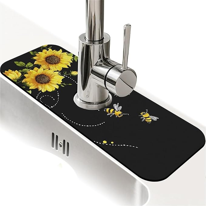 Kitchen Sink Splash Guard，sunflowers-and bees- Faucet Mat Sink Gadgets-Super