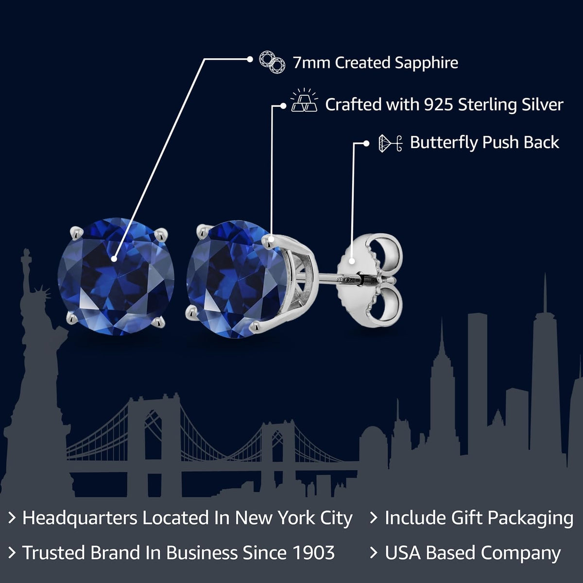 Gem Stone King 2-4 Cttw Round Gemstone Birthstone Stud Earrings For Women Men | 925 Sterling Silver | Round 7MM | Fine Jewelry Gifts for Women Her Mom Wife Men | Blue Created Sapphire-September